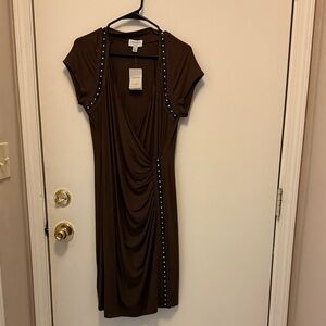 Carmen Marc Valvo Brown Midi Dress with Stud Details
